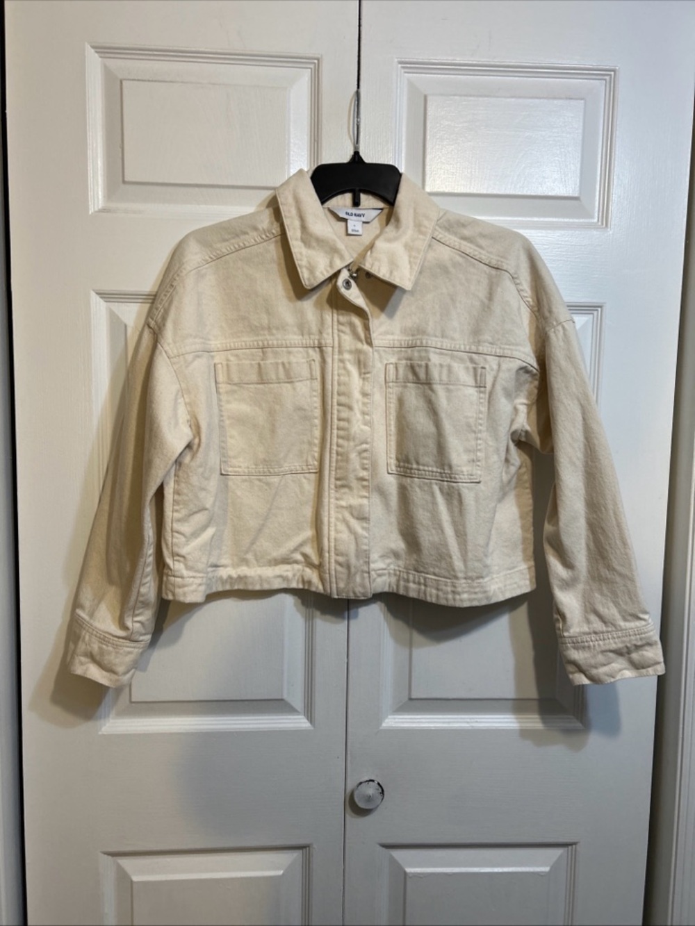 Old Navy Cropped Denim Jean Jacket Womens Size L Large Off White Ecru Denim